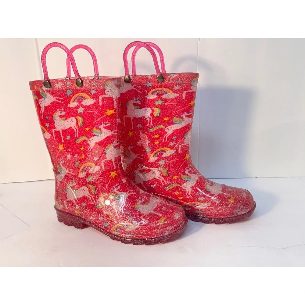 Rain boots Pink Glitter Unicorn & Rainbow Easy-on , light up heels EUC